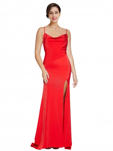 Outlet Low Back Cowl Neck Stretch Satin Prom Dress with High Side Slit UK