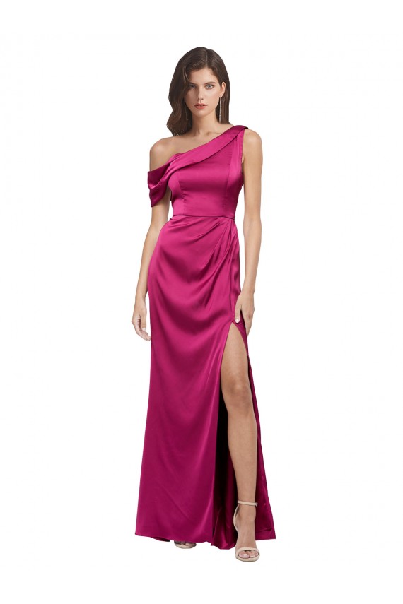 Outlet Off the Shoulder Short Sleeves Stretch Satin Prom Dress with Side Slit UK