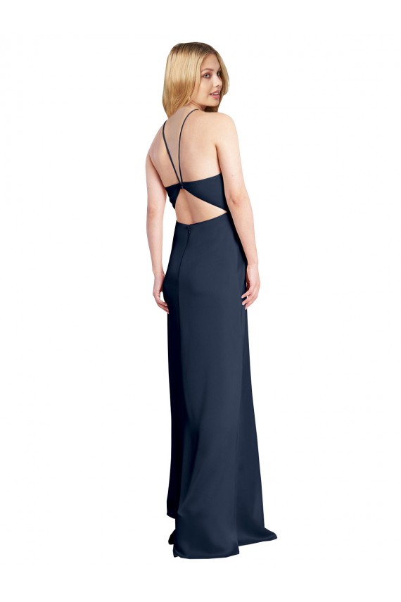 Outlet Halter Neckline Long Stretch Satin Prom Dress with Strappy Back and Side Slit UK