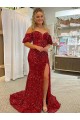 Outlet Off the Shoulder Short Sleeves Long Floor Length Velvet Sequin Prom Dress with High Slit UK