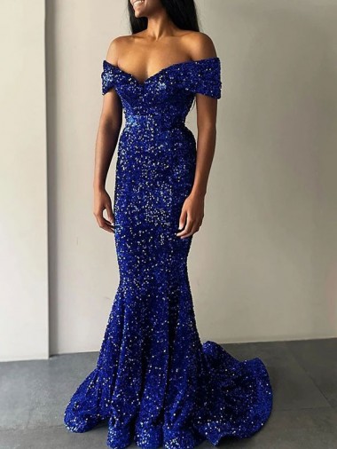 Outlet Mermaid Off the Shoulder Sleeveless Long Sweep Train Velvet Sequin Prom Dress UK