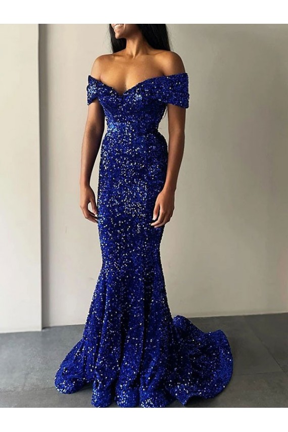 Outlet Mermaid Off the Shoulder Sleeveless Long Sweep Train Velvet Sequin Prom Dress UK