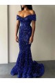 Outlet Mermaid Off the Shoulder Sleeveless Long Sweep Train Velvet Sequin Prom Dress UK