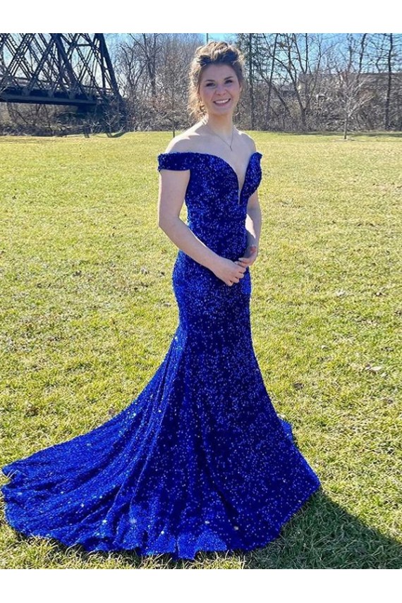 Outlet Off the Shoulder Sleeveless Long Sweep Train Velvet Sequin Prom Dress UK