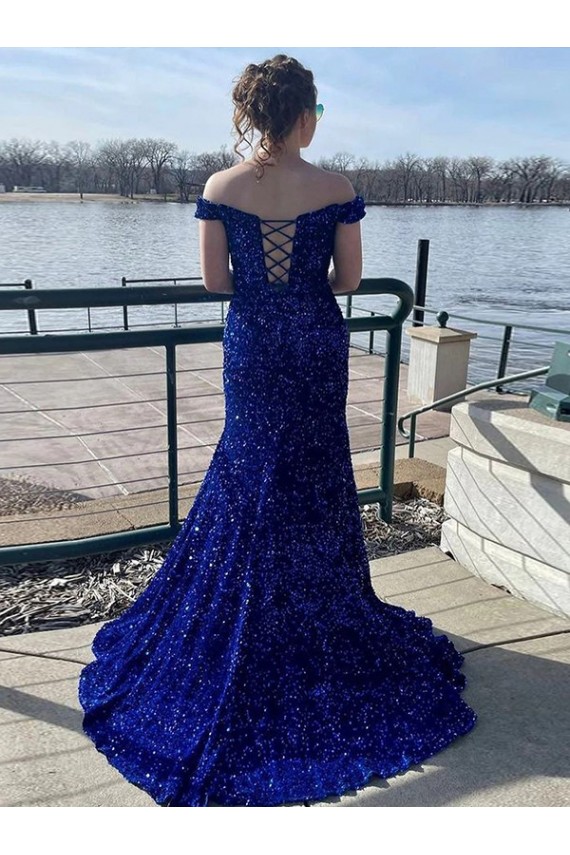 Outlet Off the Shoulder Sleeveless Long Sweep Train Velvet Sequin Prom Dress UK
