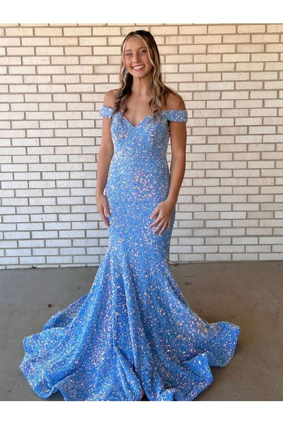 Outlet Mermaid Off the Shoulder Sleeveless Long Floor Length Velvet Sequin Prom Dress UK