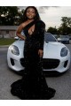 Outlet One Shoulder Long Sleeves Long Sweep Train Velvet Sequin Prom Dress UK
