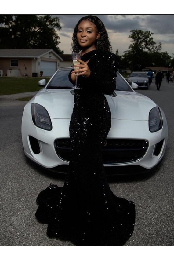 Outlet One Shoulder Long Sleeves Long Sweep Train Velvet Sequin Prom Dress UK