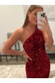 Outlet Open Back One Shoulder Sleeveless Long Sweep Train Velvet Sequin Prom Dress UK
