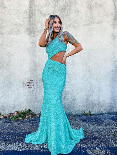 Outlet Mermaid One Shoulder Sleeveless Long Sweep Train Velvet Sequin Prom Dress UK