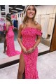 Outlet One Shoulder Sleeveless Long Sweep Train Velvet Sequin Prom Dress with Side Slit UK