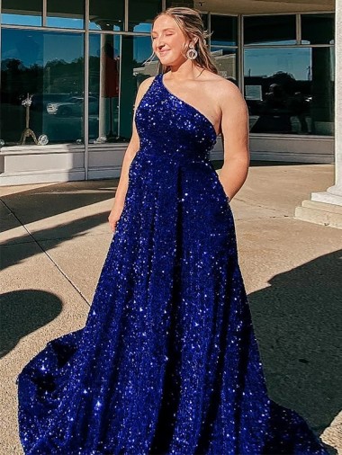 Outlet A-Line One Shoulder Sleeveless Long Sweep Train Velvet Sequin Prom Dress with Pockets UK