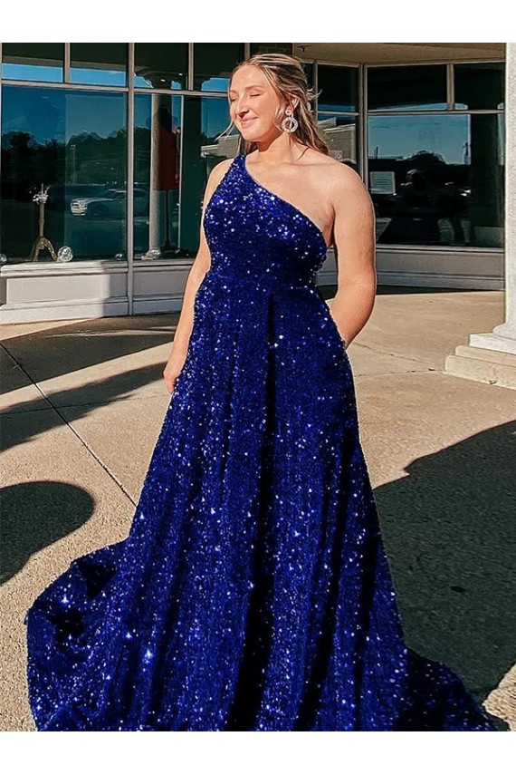Outlet A-Line One Shoulder Sleeveless Long Sweep Train Velvet Sequin Prom Dress with Pockets UK
