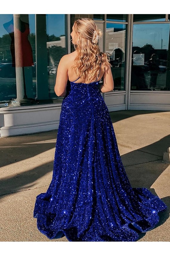 Outlet A-Line One Shoulder Sleeveless Long Sweep Train Velvet Sequin Prom Dress with Pockets UK
