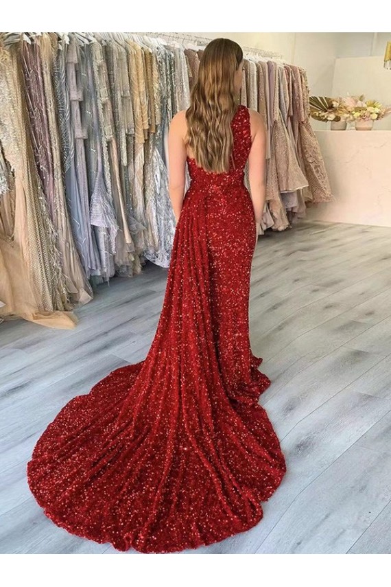 Outlet One Shoulder Sleeveless Long Court Train Velvet Sequin Prom Dress with Slit UK