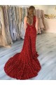 Outlet One Shoulder Sleeveless Long Court Train Velvet Sequin Prom Dress with Slit UK