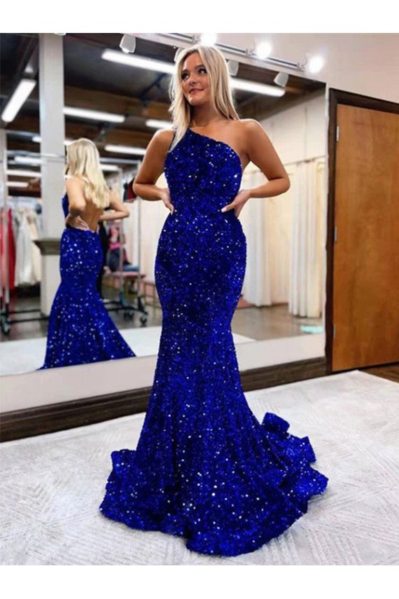 Outlet Mermaid One Shoulder Open Back Long Sweep Train Velvet Sequin Prom Dress UK