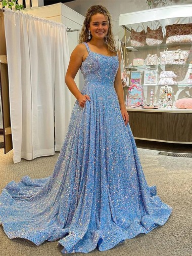 Outlet A-Line Scoop Sleeveless Long Court Train Velvet Sequin Prom Dress UK