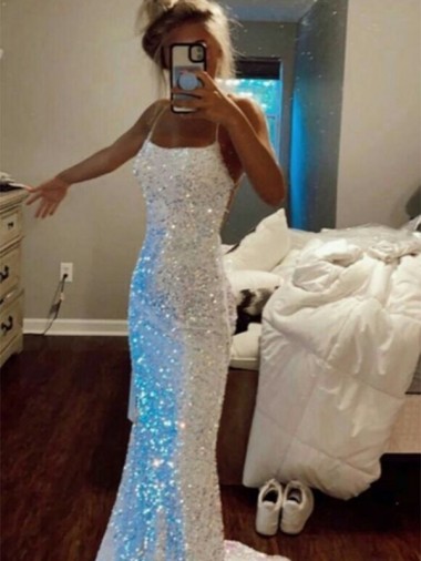 Outlet Long Spaghetti Straps Sleeveless Sweep Train Velvet Sequin Prom Dress UK