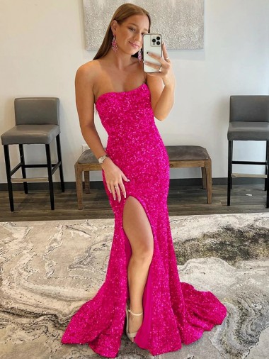 Outlet Strapless Sleeveless Long Sweep Train Velvet Sequin Prom Dress with Side Slit UK