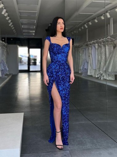 Outlet Sleeveless Long Sweep Train Velvet Sequin Prom Dress with High Slit and Straps UK