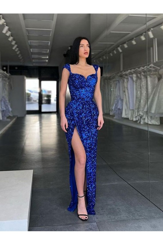 Outlet Sleeveless Long Sweep Train Velvet Sequin Prom Dress with High Slit and Straps UK