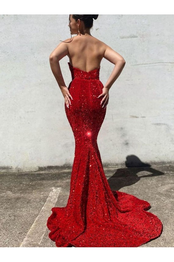 Outlet Mermaid Sweetheart Sleeveless Long Court Train Velvet Sequin Prom Dress UK