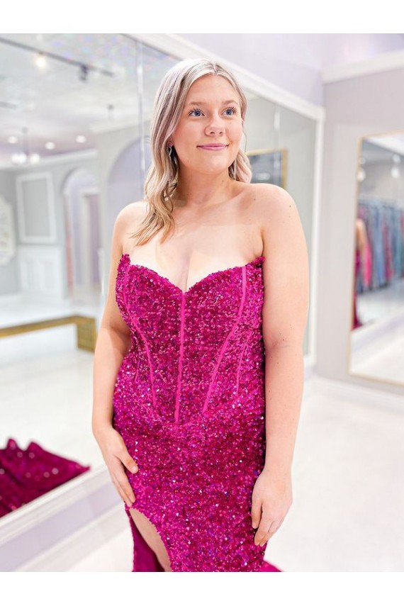 Outlet Long Sweetheart Sleeveless Sweep Train Velvet Sequin Prom Dress with Slit UK