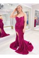 Outlet Long Sweetheart Sleeveless Sweep Train Velvet Sequin Prom Dress with Slit UK