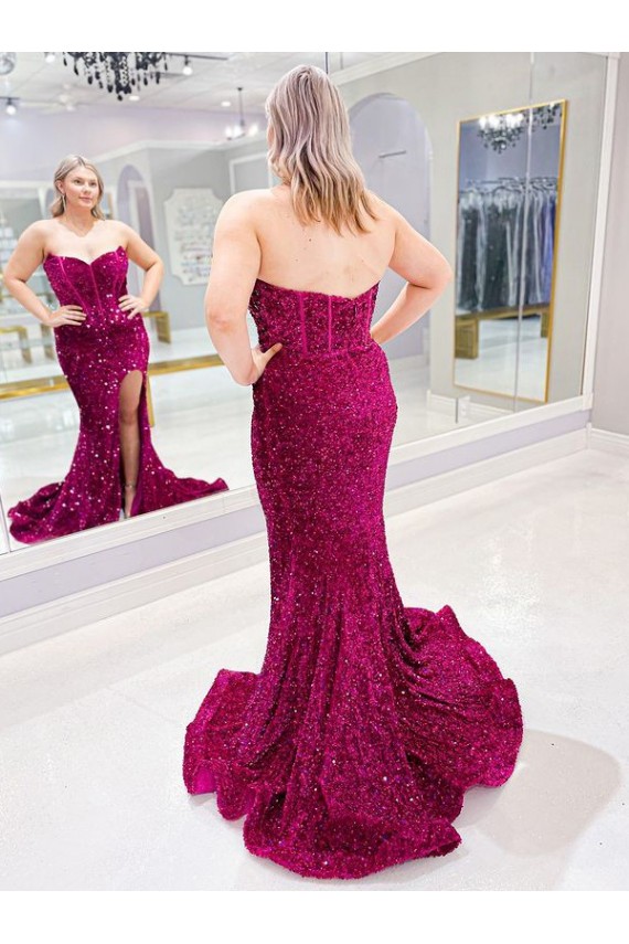 Outlet Long Sweetheart Sleeveless Sweep Train Velvet Sequin Prom Dress with Slit UK