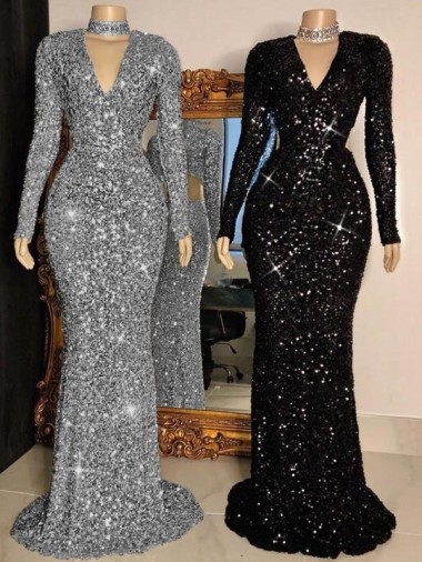 Outlet V-Neck Long Sleeves Long Sweep Train Velvet Sequin Prom Dress UK