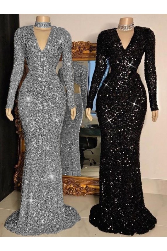 Outlet V-Neck Long Sleeves Long Sweep Train Velvet Sequin Prom Dress UK