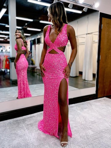 Outlet Long V-Neck Sleeveless Sweep Train Velvet Sequin Prom Dress with High Slit UK