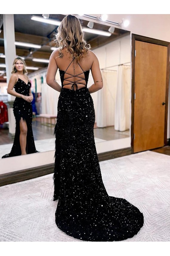 Outlet V-Neck Sleeveless Long Velvet Sequin Royal Blue Prom Dress with Side Slit UK