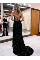 Outlet V-Neck Sleeveless Long Velvet Sequin Royal Blue Prom Dress with Side Slit UK