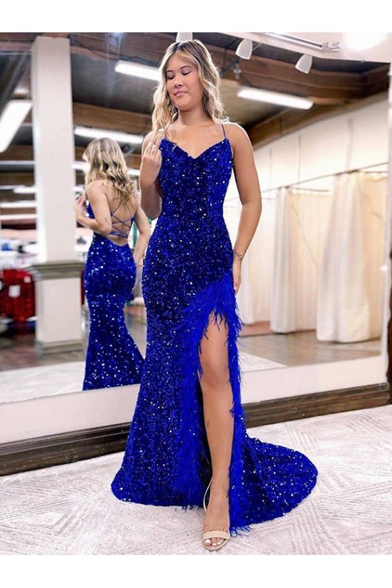 Outlet V-Neck Sleeveless Long Velvet Sequin Royal Blue Prom Dress with Side Slit UK