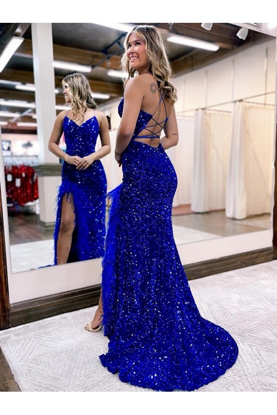 Outlet V-Neck Sleeveless Long Velvet Sequin Royal Blue Prom Dress with Side Slit UK