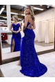 Outlet V-Neck Sleeveless Long Velvet Sequin Royal Blue Prom Dress with Side Slit UK