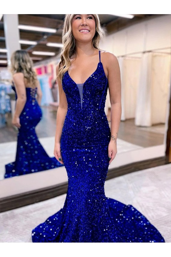 Outlet Mermaid V-Neck Sleeveless Long Court Train Velvet Sequin Prom Dress UK