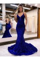 Outlet Mermaid V-Neck Sleeveless Long Court Train Velvet Sequin Prom Dress UK