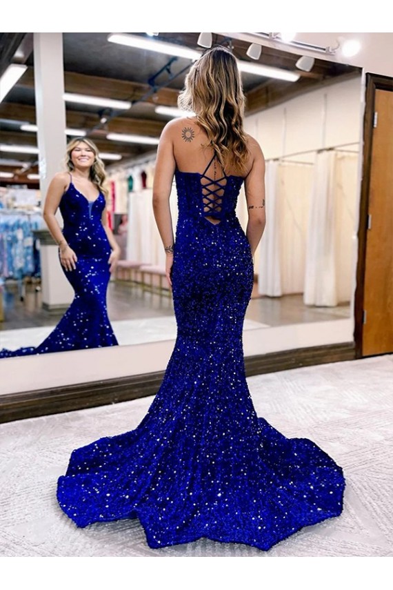Outlet Mermaid V-Neck Sleeveless Long Court Train Velvet Sequin Prom Dress UK