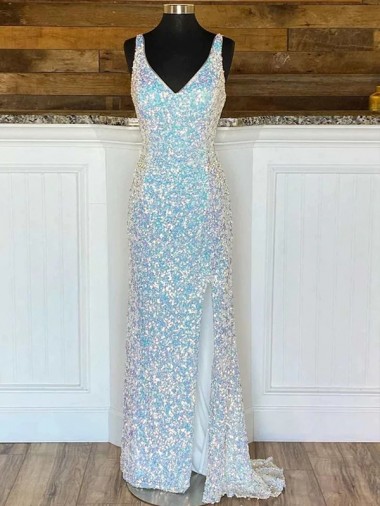 Outlet V-Neck Sleeveless Long Sweep Train Velvet Sequin Prom Dress UK