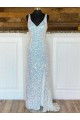 Outlet V-Neck Sleeveless Long Sweep Train Velvet Sequin Prom Dress UK