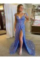 Outlet A-Line V-Neck Sleeveless Long Court Train Velvet Sequin Prom Dress with High Slit UK