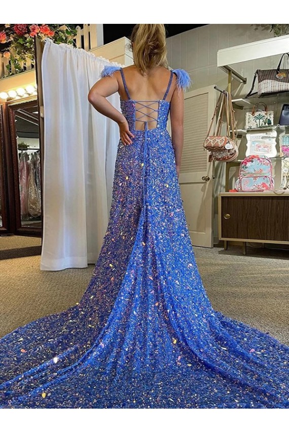 Outlet A-Line V-Neck Sleeveless Long Court Train Velvet Sequin Prom Dress with High Slit UK