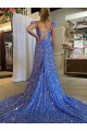Outlet A-Line V-Neck Sleeveless Long Court Train Velvet Sequin Prom Dress with High Slit UK