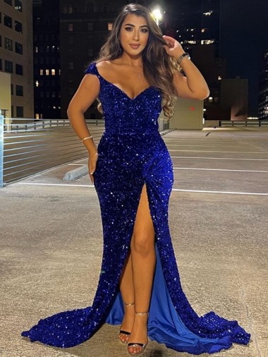 Outlet V-Neck Sleeveless Long Sweep Train Velvet Sequin Prom Dress with Slit UK