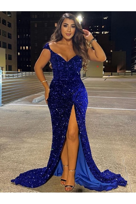 Outlet V-Neck Sleeveless Long Sweep Train Velvet Sequin Prom Dress with Slit UK