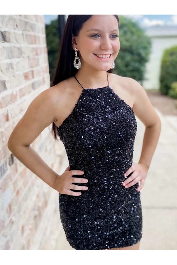 Outlet Halter Sleeveless Short Velvet Sequin Prom Dress UK