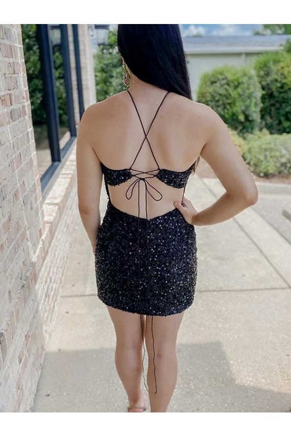 Outlet Halter Sleeveless Short Velvet Sequin Prom Dress UK